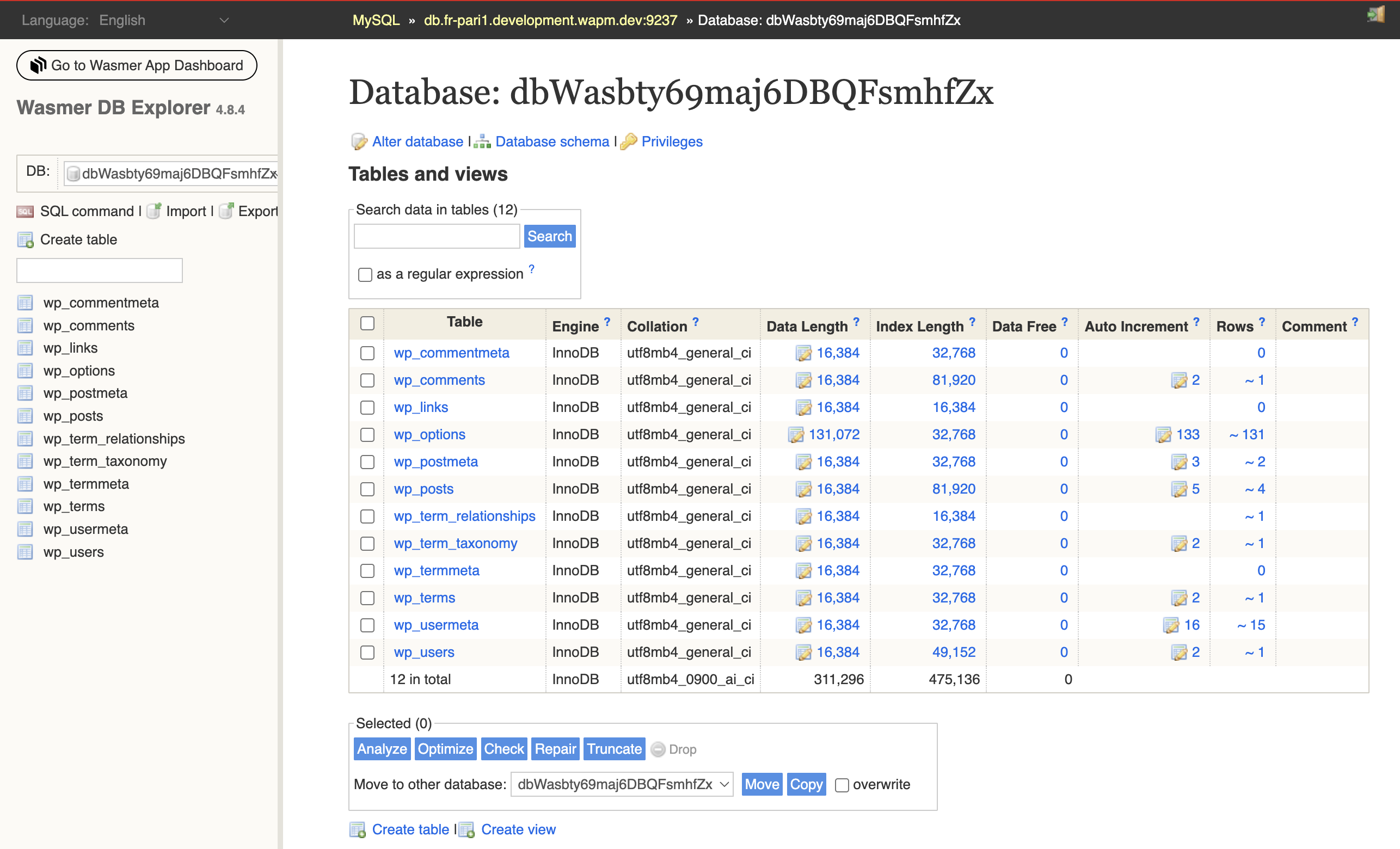 Adminer database explorer showing WordPress tables