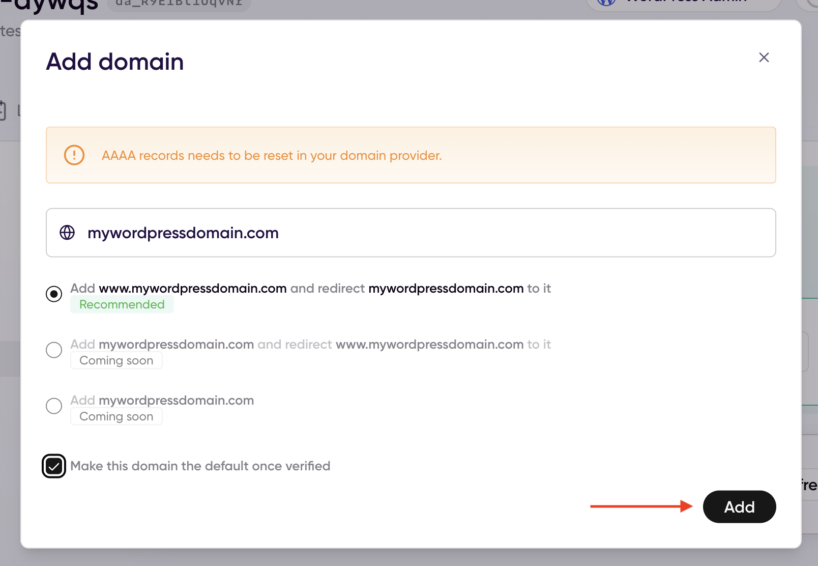 Add domain modal with the recommended www domain option selected