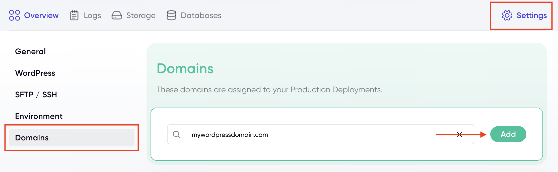 Domain settings page with a custom domain being added
