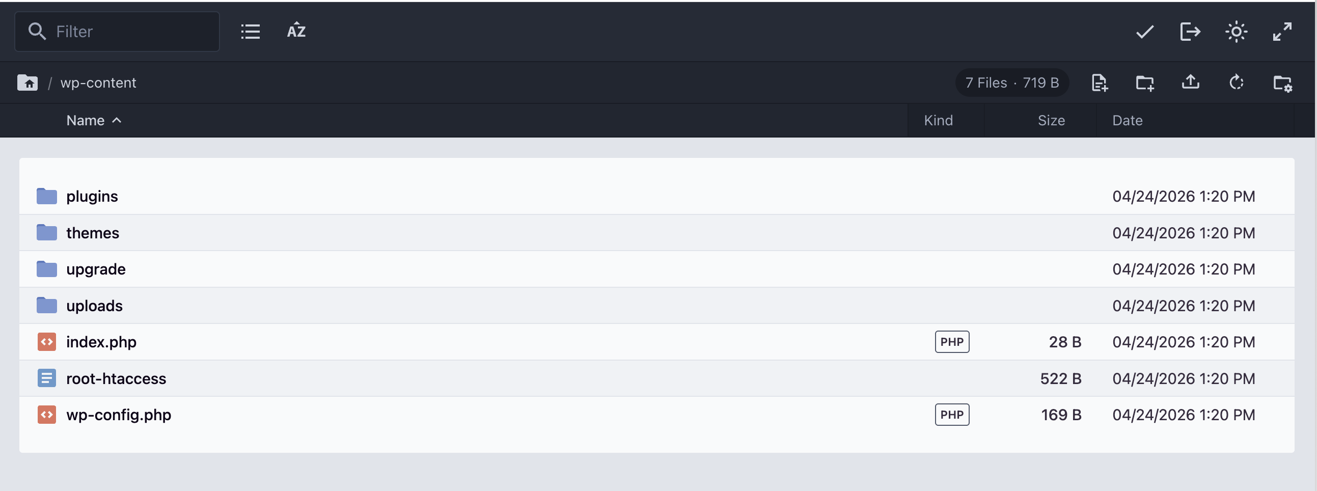 Volume file explorer showing the wp-content directory